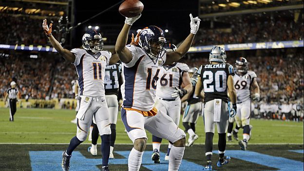 Denver Broncos Bennie Fowler (16) celebrates after scoring a two point conversion during the second half of the NFL Super Bowl 50 football game Sunday, Feb. 7, 2016, in Santa Clara, Calif. (AP Photo/Ben Margot)